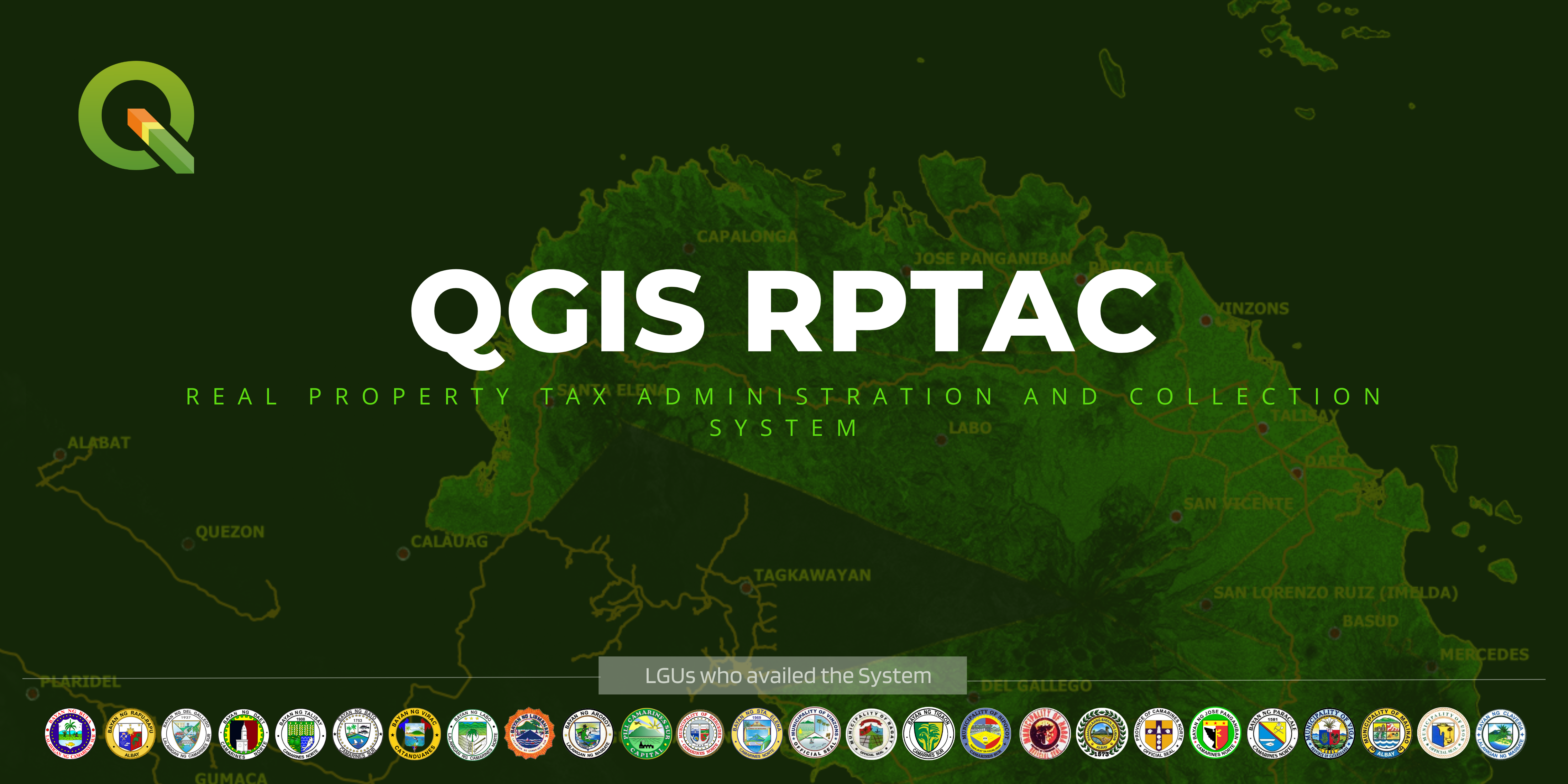 QGIS RPTAC: Real Property Tax Administration and Collection System, with seals of LGUs using it