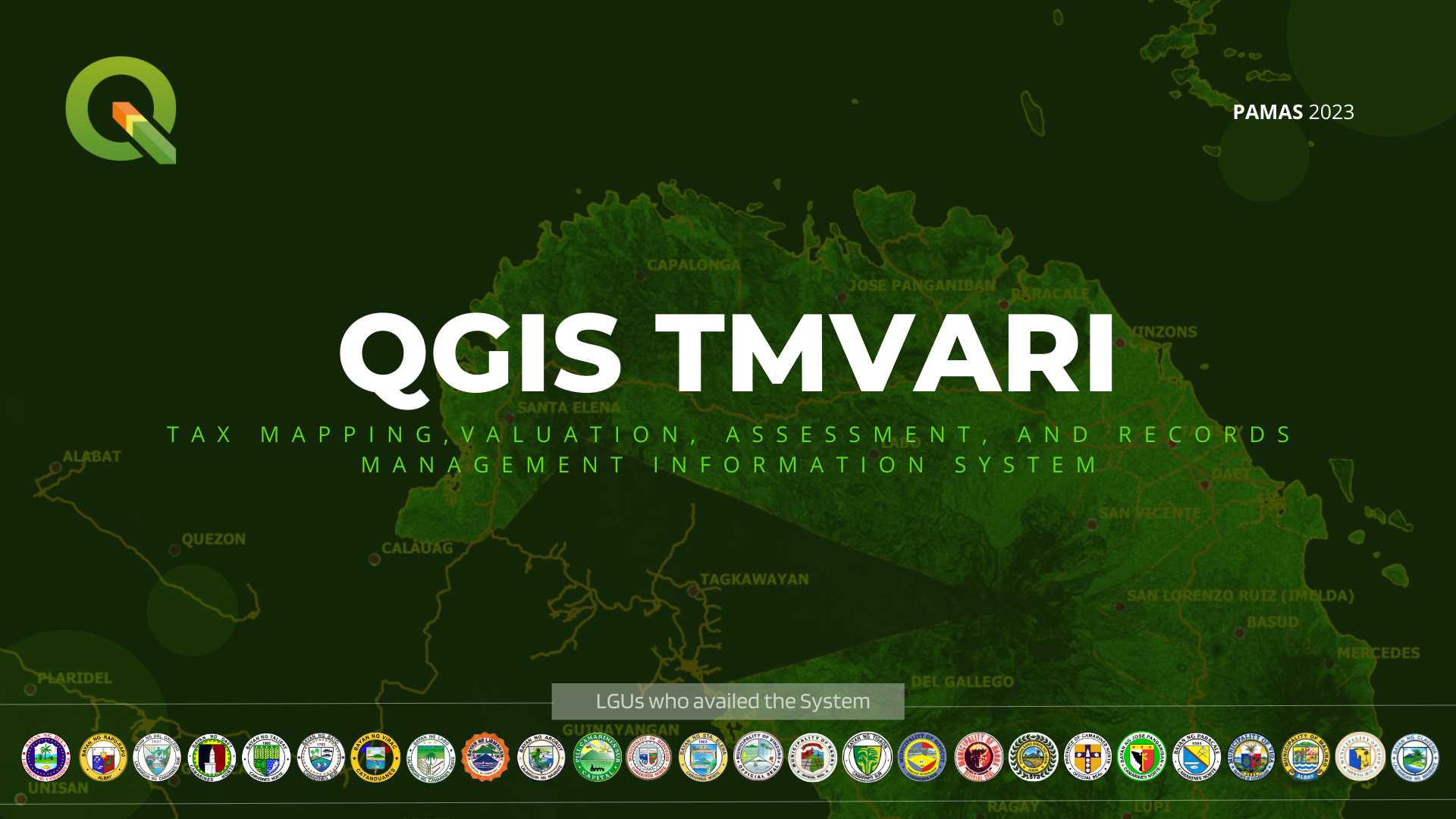 QGIS-TMVARI presentation at PAMAS 2023, with seals of LGUs using the system