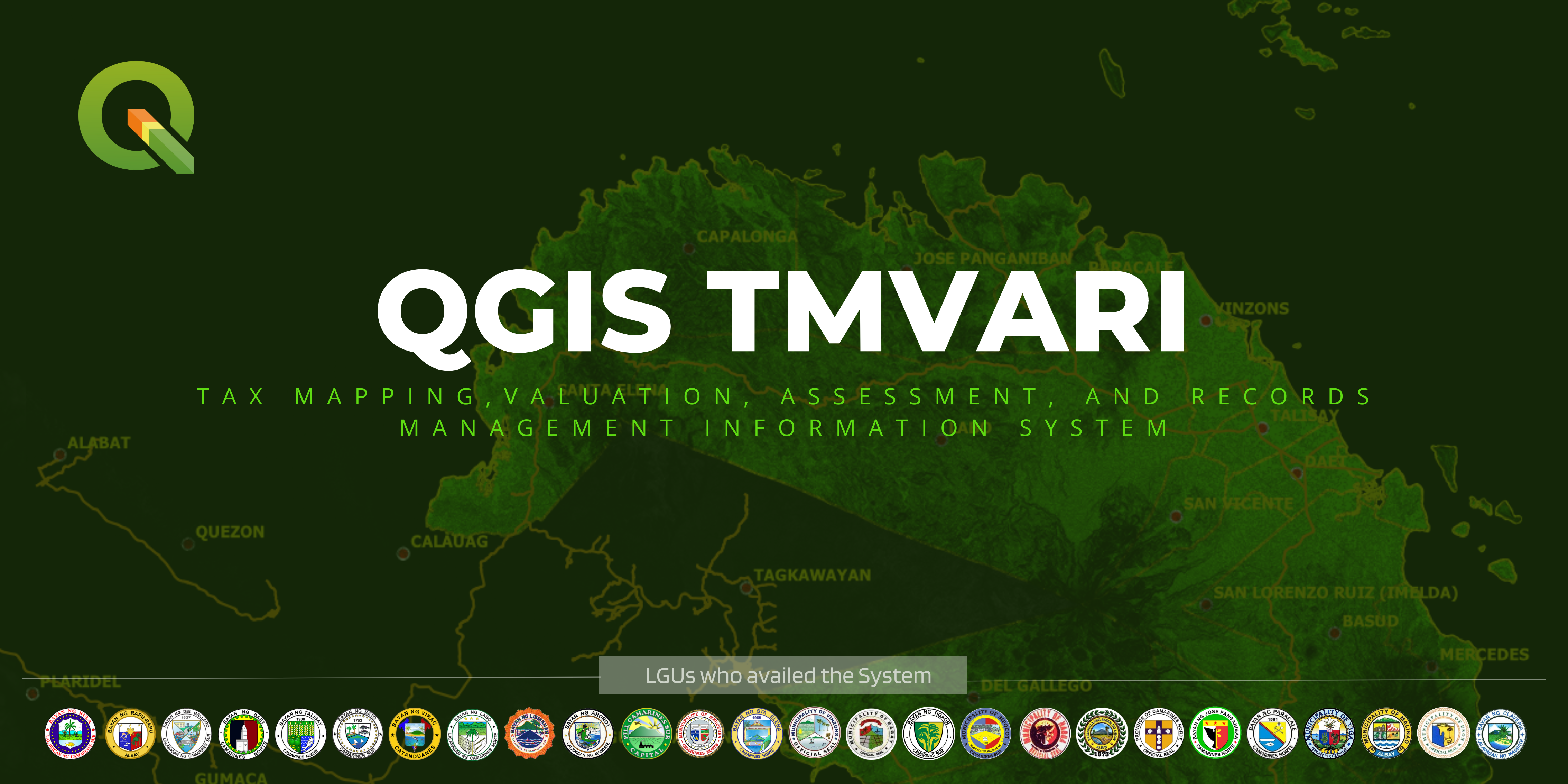 QGIS TMVARI: Tax Mapping, Valuation, Assessment and Records Management Information System, with seals of LGUs using it